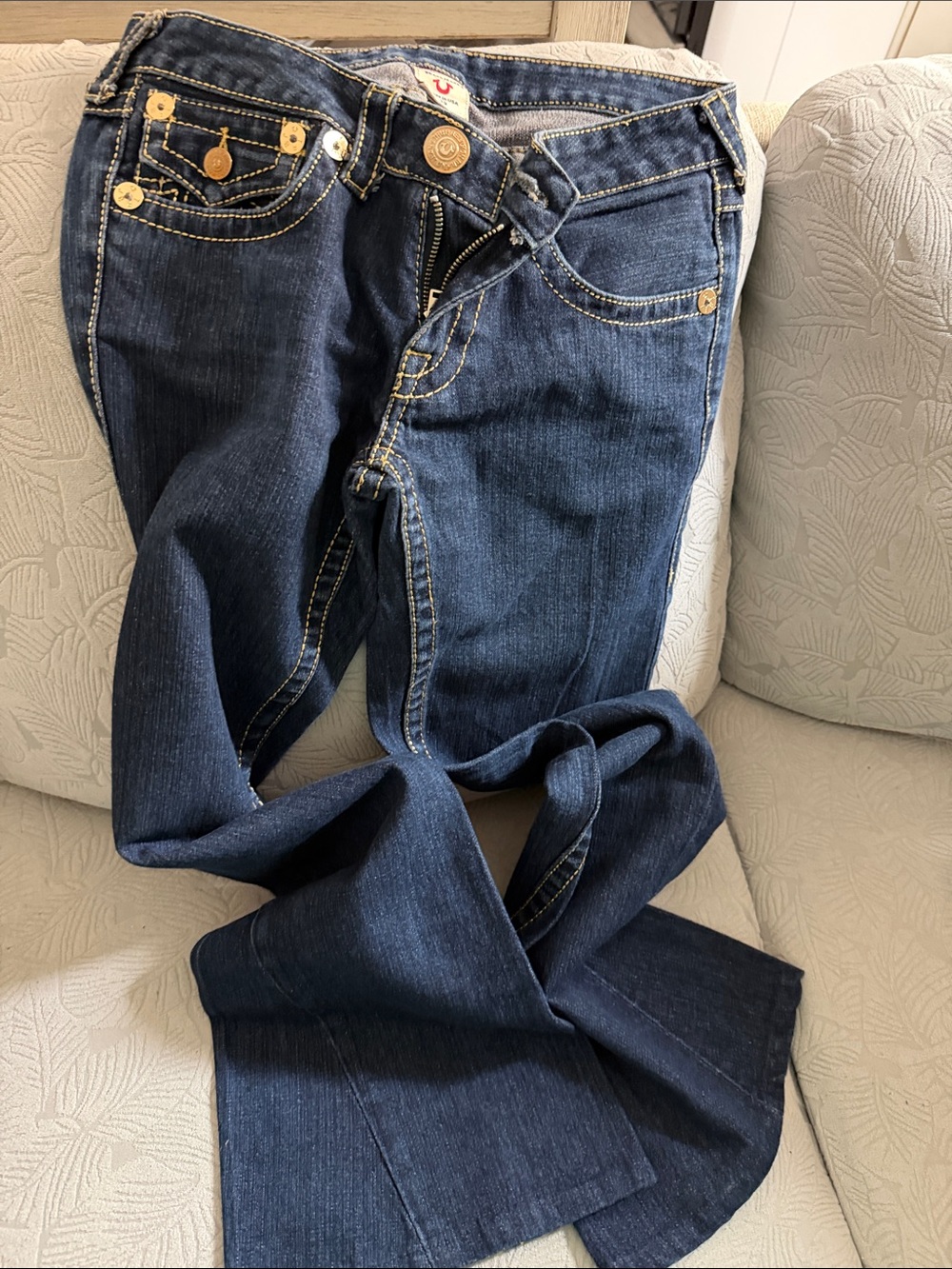 True Religion Navy Blue Bootcut Jeans with Gold Stitching